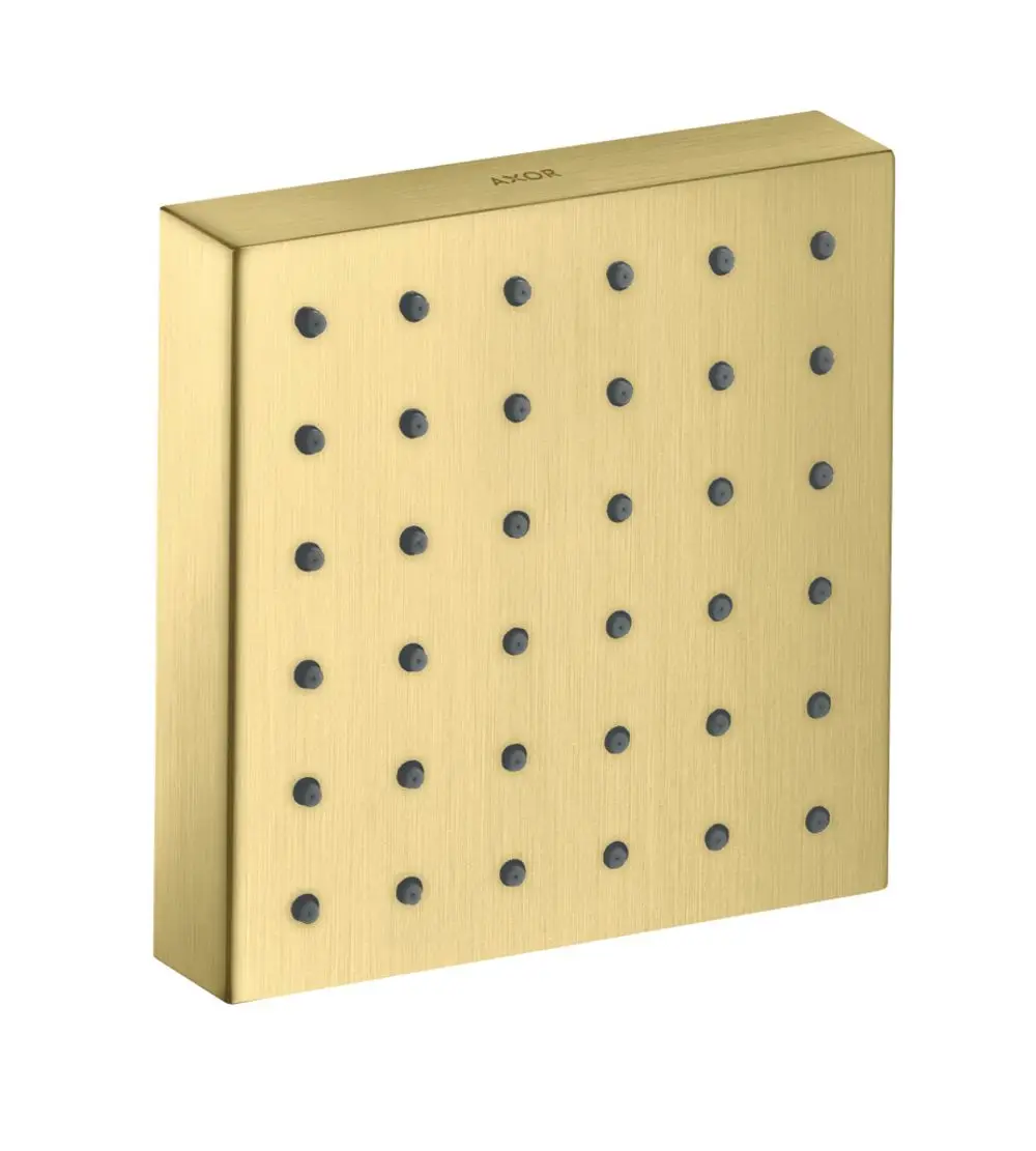 Eckiges Brausemodul in gebürstetem Messing von AXOR mit mehreren Düsenausschnitten für Wasserstrahlanpassung. Flache, quadratische Form mit mattem Finish.